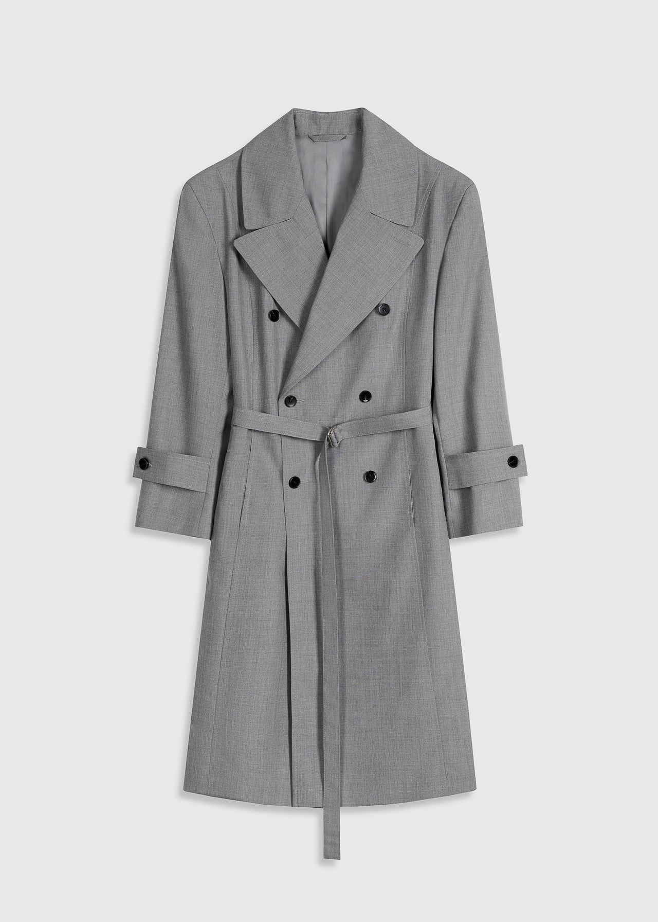 Unisex Trenchcoat The Trench 1 in grau Melange von Zwingenberg in Oversized-Passform mit Schulterpolstern, recyceltem transparentem Zwingenberg-Patch, Logo-Knöpfen und aus 100 % Wolle.